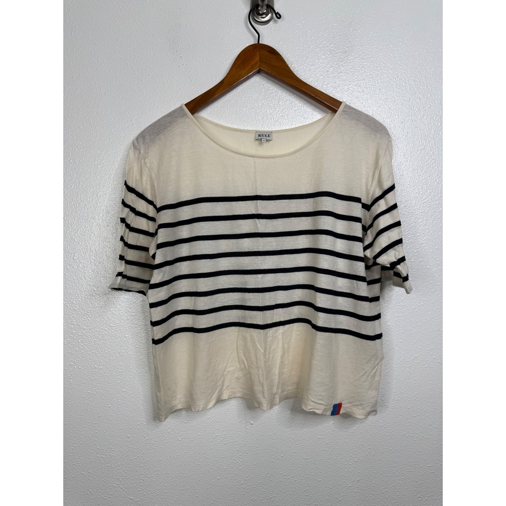 KULE‎ Womens Striped Cotton Short Sleeve Tee Cream Navy Blue Size Medium
